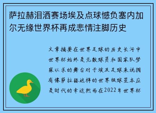 萨拉赫泪洒赛场埃及点球憾负塞内加尔无缘世界杯再成悲情注脚历史