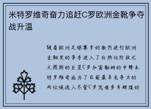 米特罗维奇奋力追赶C罗欧洲金靴争夺战升温 米特罗维奇奋力追赶C罗欧洲金靴争夺战升温